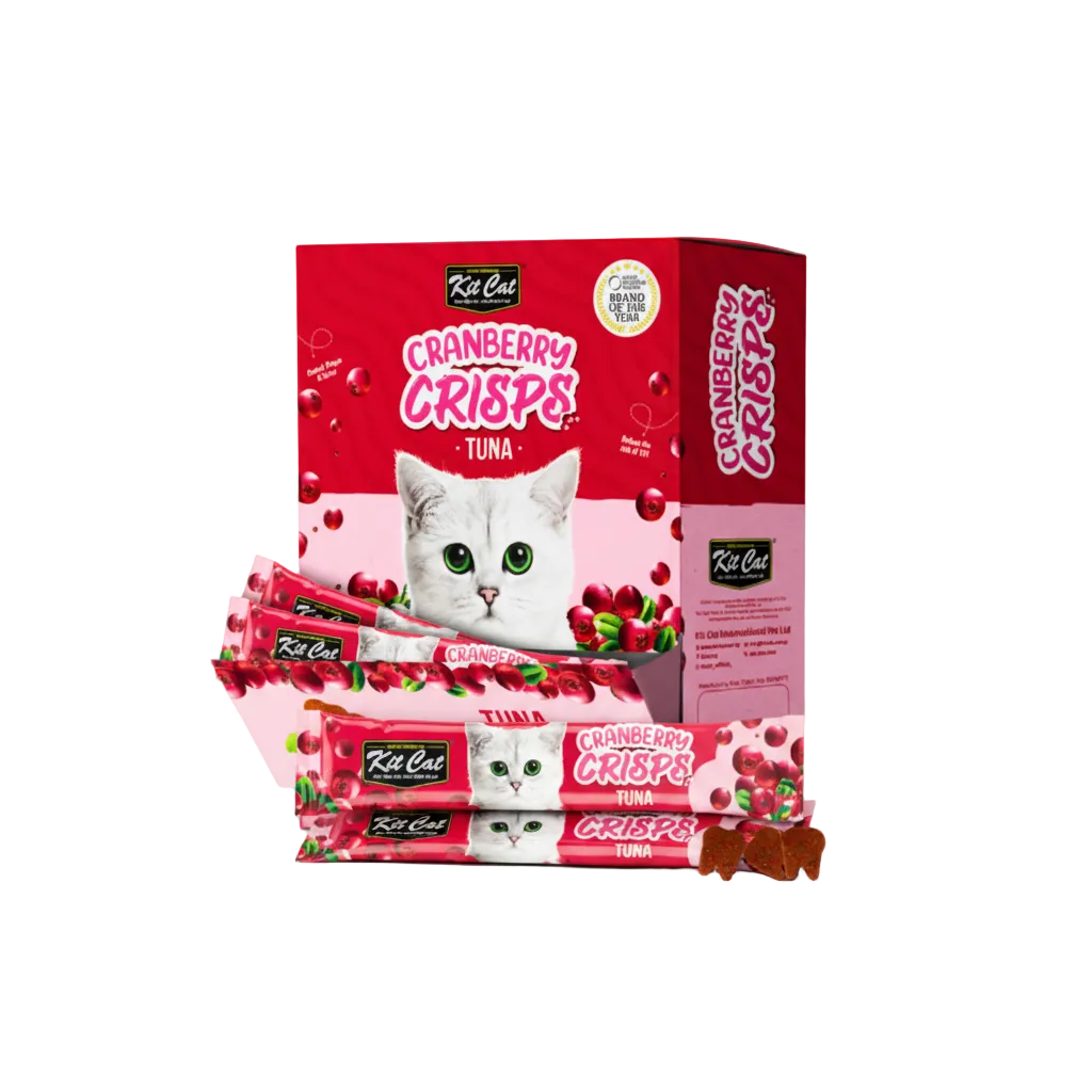 Cranberry crisps cat treats, tuna-flavored snack pouches with cat graphic