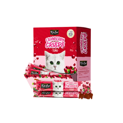 Cranberry crisps cat treats, tuna-flavored snack pouches with cat graphic