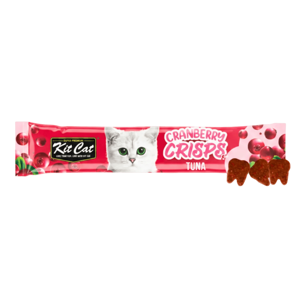 Tuna-flavored cranberry crisps cat treat pouch with cat face and crisp pieces