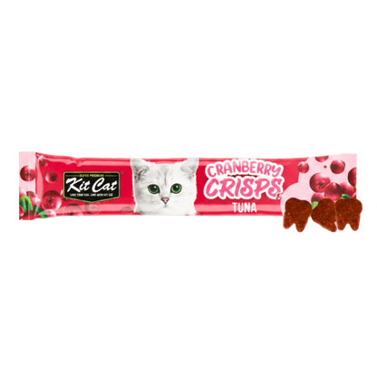 Tuna-flavored cranberry crisps cat treat pouch with cat face and crisp pieces