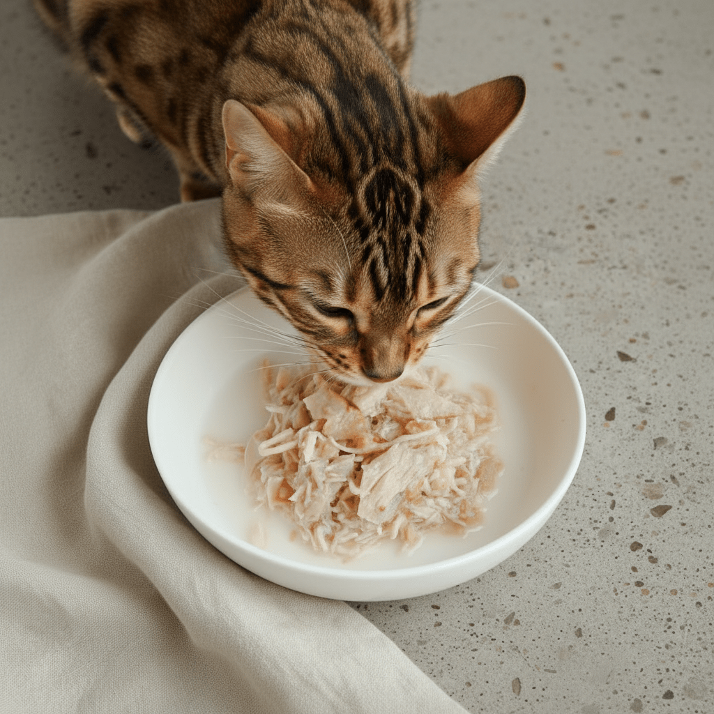 Wet cat food in a bowl with shredded chicken and salmon aspic