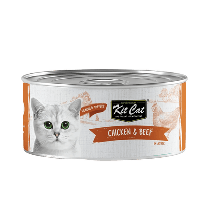 Kit Cat chicken & beef deboned toppers in aspic cat food can front view