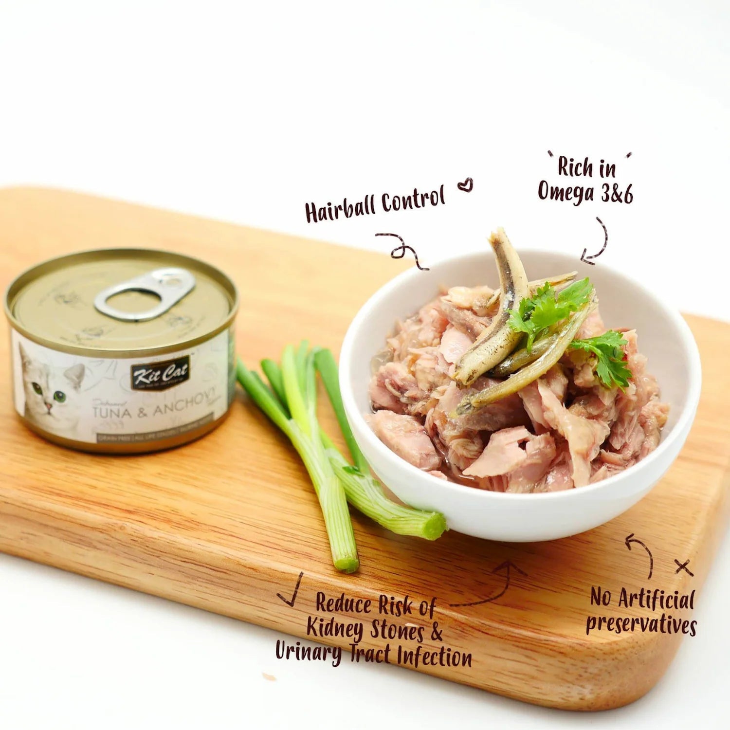 Kit Cat tuna & anchovy deboned toppers in aspic cat food can with bowl