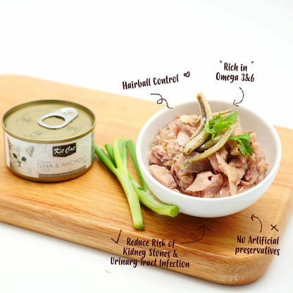 Kit Cat tuna & anchovy deboned toppers in aspic cat food can with bowl