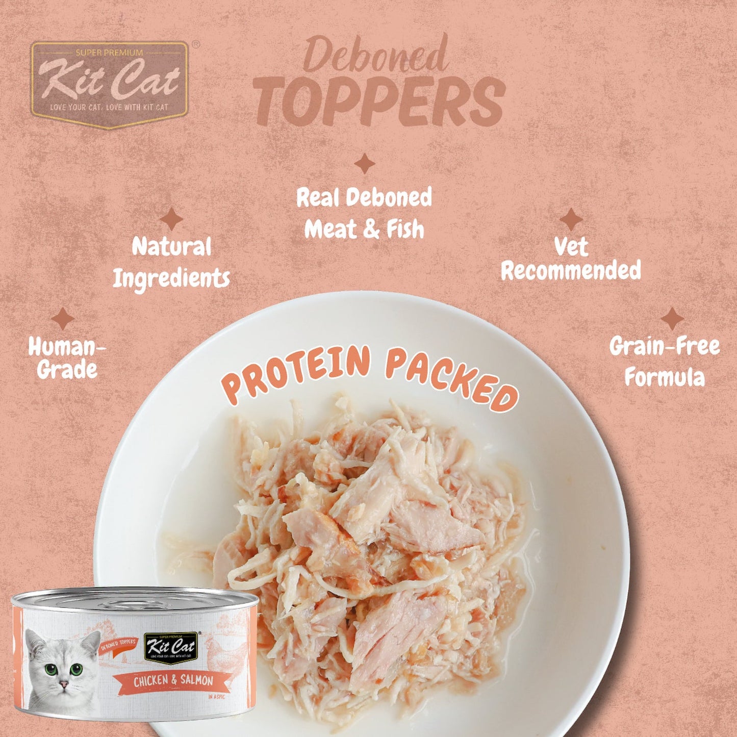 Kit Cat deboned toppers protein-packed bowl of shredded meat, chicken & salmon