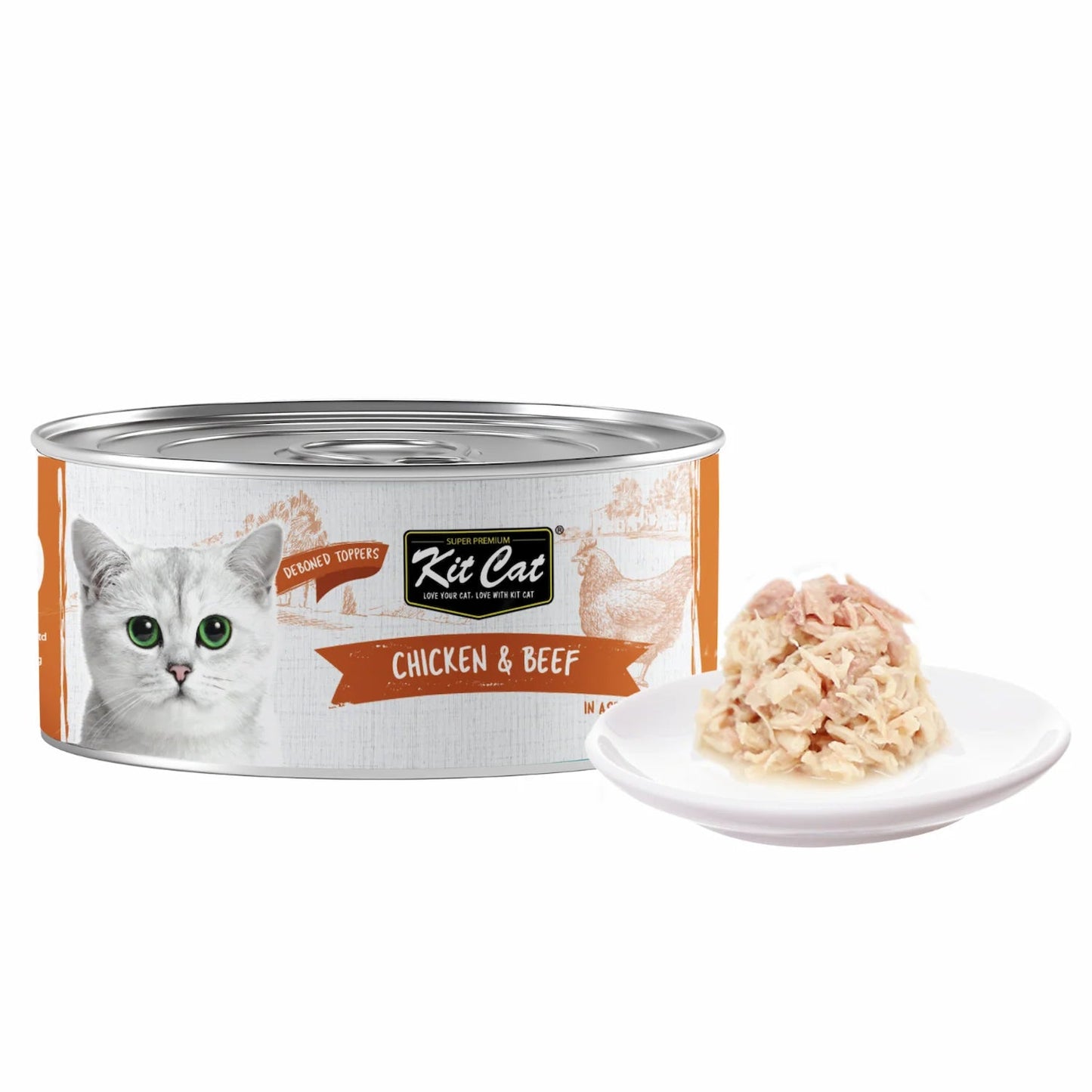 Kit Cat chicken & beef deboned toppers in aspic cat food can with serving spoon