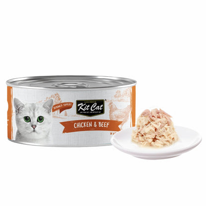 Kit Cat chicken & beef deboned toppers in aspic cat food can with serving spoon