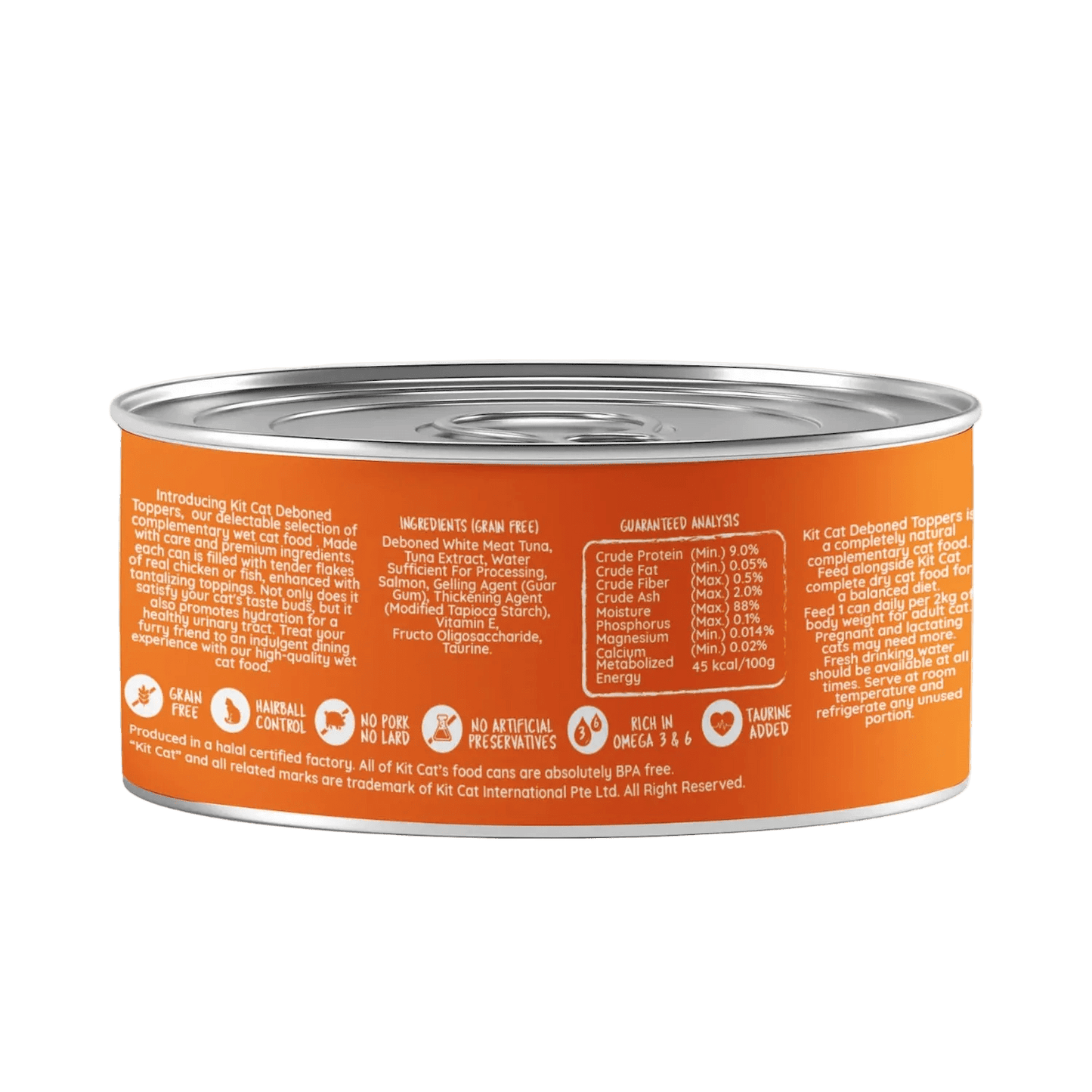 Cat food topper can, deboned meat in aspic, back label with ingredients