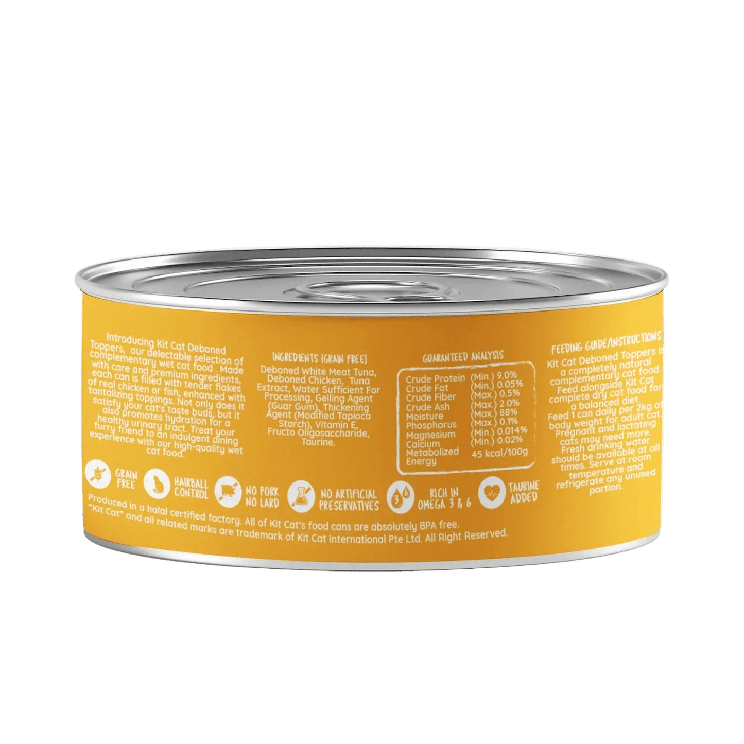 Kit Cat deboned toppers cat food can, orange back label view, 80g