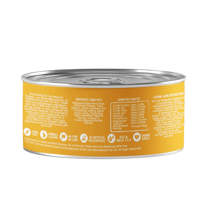 Kit Cat deboned toppers cat food can, orange back label view, 80g
