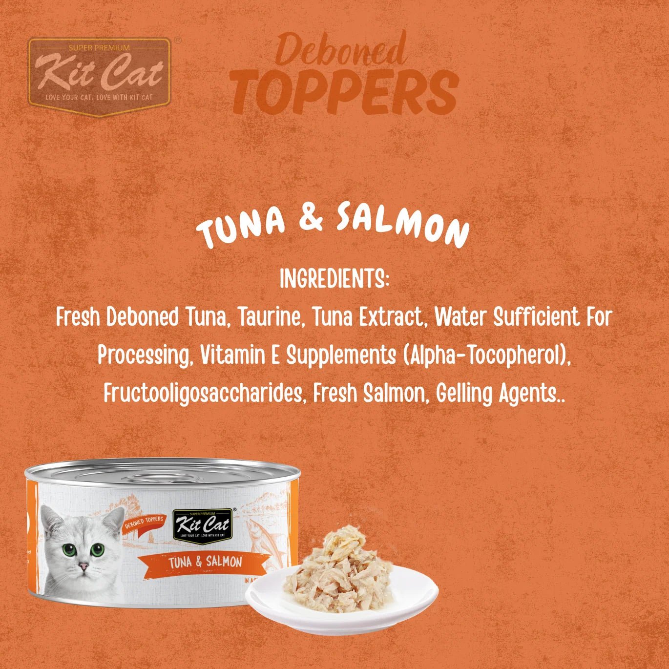 Cat food topper can with scoop of tuna and salmon shredded in aspic