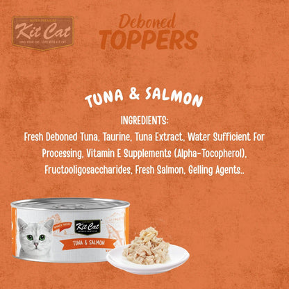 Cat food topper can with scoop of tuna and salmon shredded in aspic