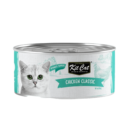 Kit Cat deboned toppers cat food can, chicken classic in aspic, silver lid