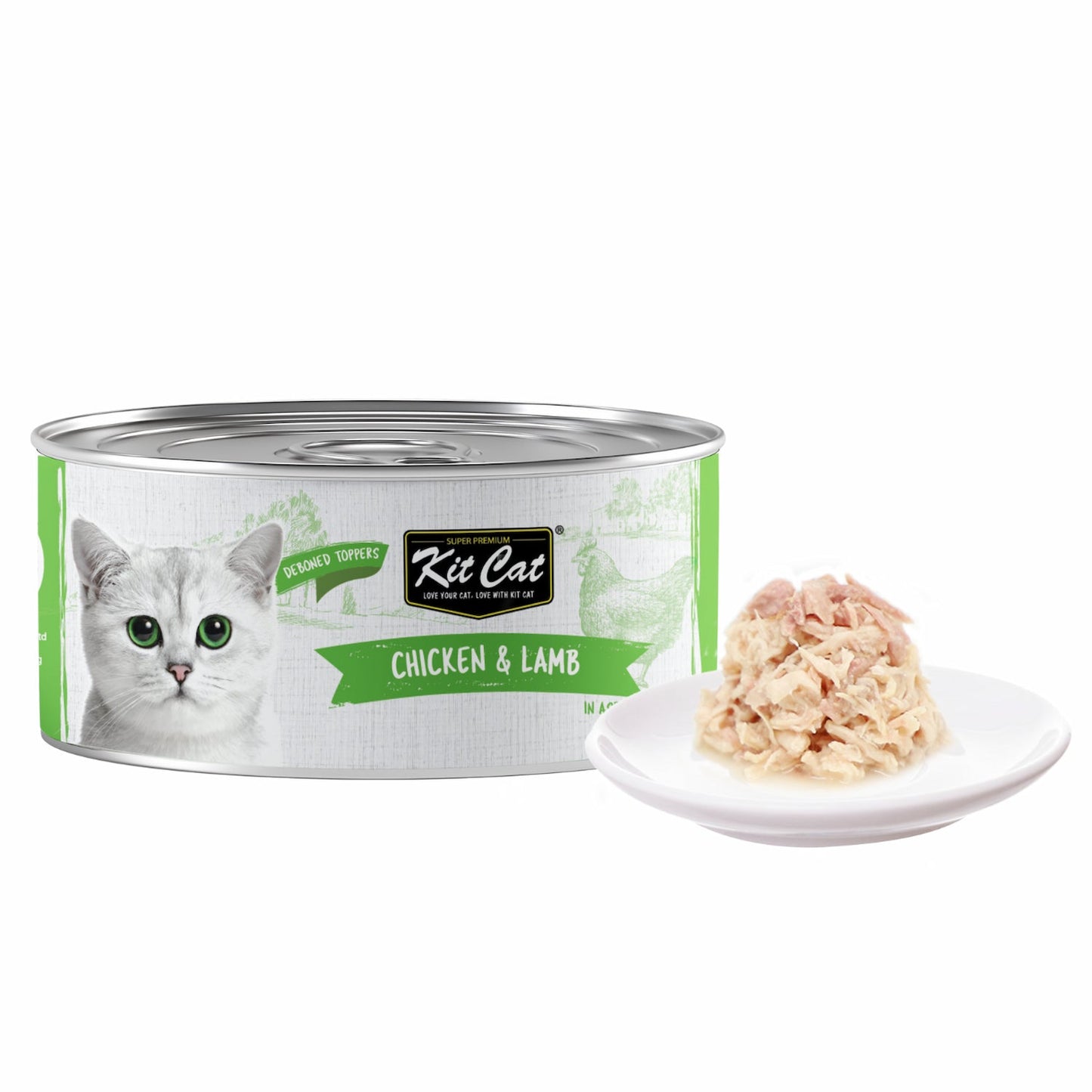 Kit Cat chicken & lamb cat food can with bowl of shredded aspic meat