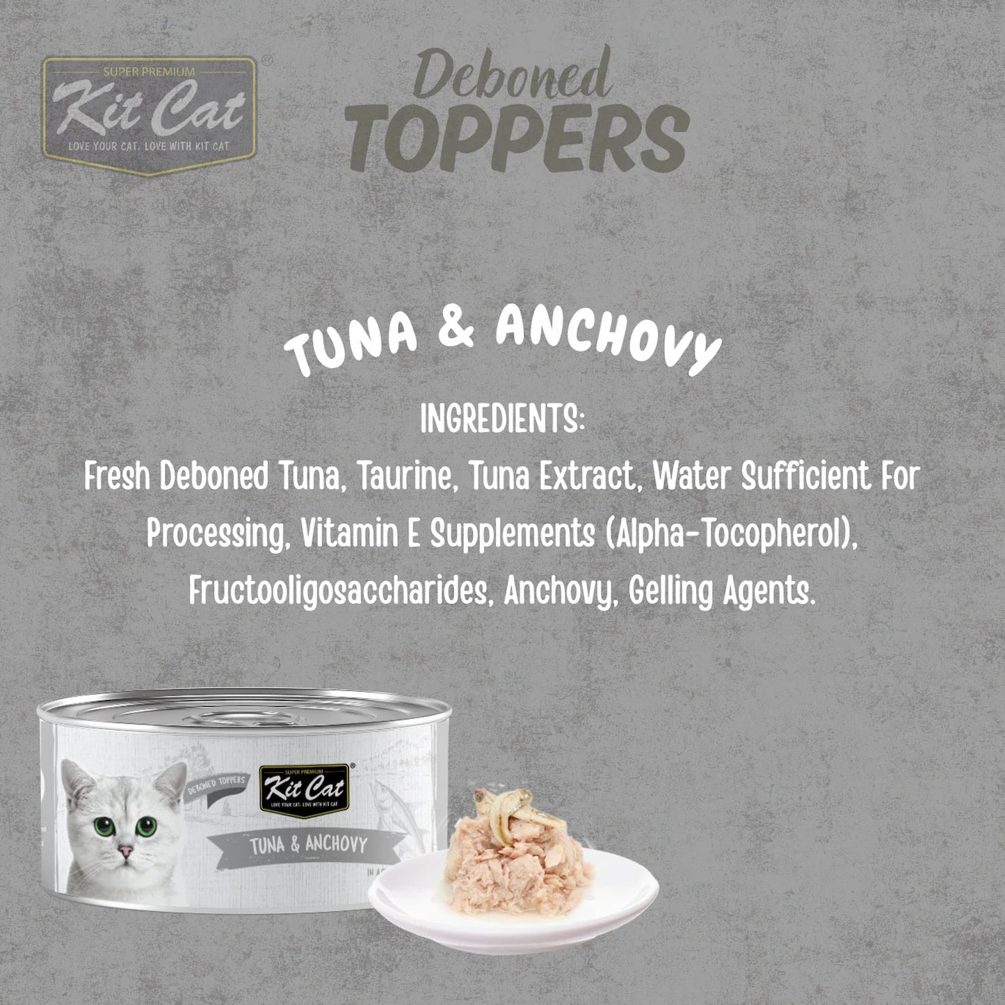 Kit Cat deboned toppers aspic, Tuna & Anchovy promo with can and serving dish
