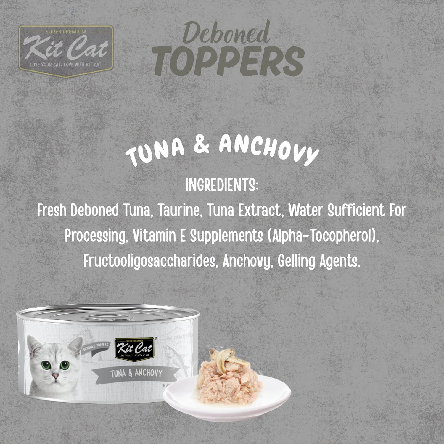 Kit Cat deboned toppers aspic, Tuna & Anchovy promo with can and serving dish