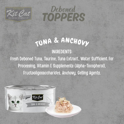 Kit Cat deboned toppers aspic, Tuna & Anchovy promo with can and serving dish