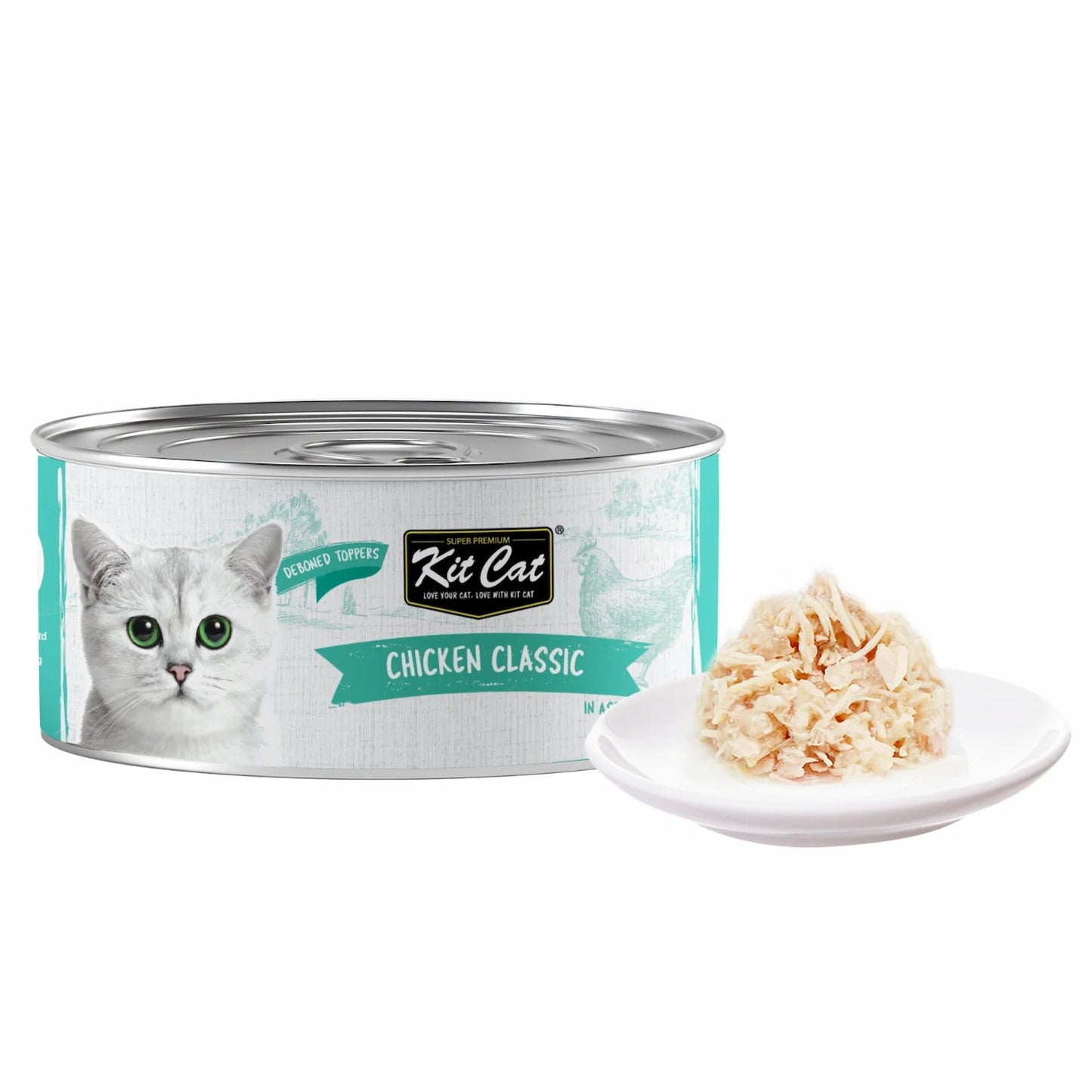 Kit Cat chicken classic cat food can with bowl of shredded aspic meat