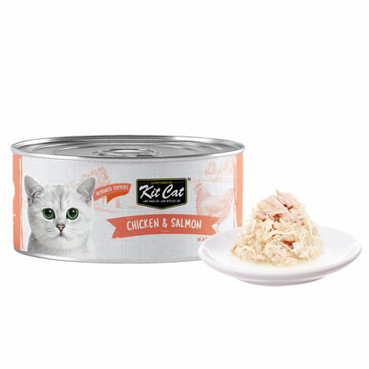Kit Cat chicken & salmon cat food can with bowl of shredded aspic meat