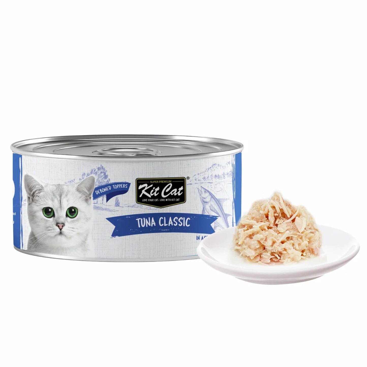 Kit Cat deboned toppers aspic, Tuna Classic can with shredded topping on dish