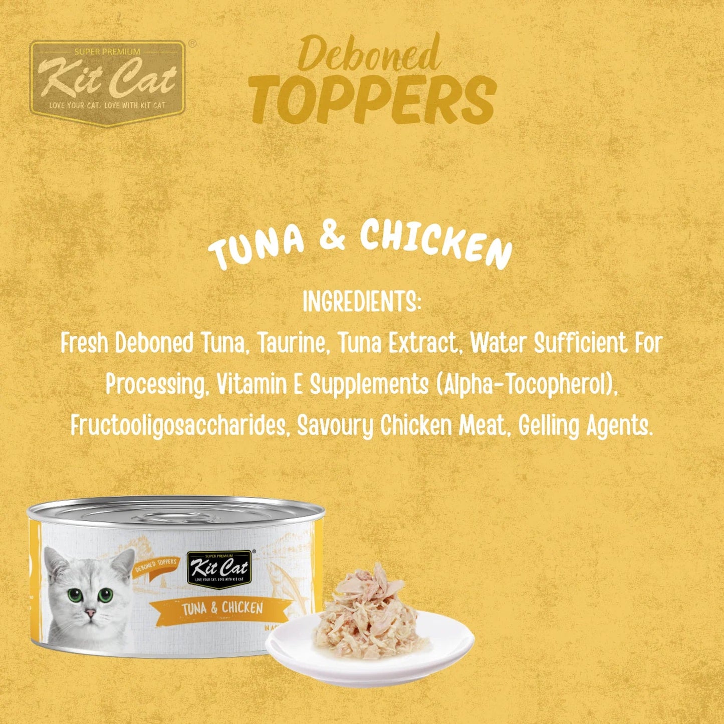 Kit Cat deboned toppers cat food can with bowl of tuna & chicken topping