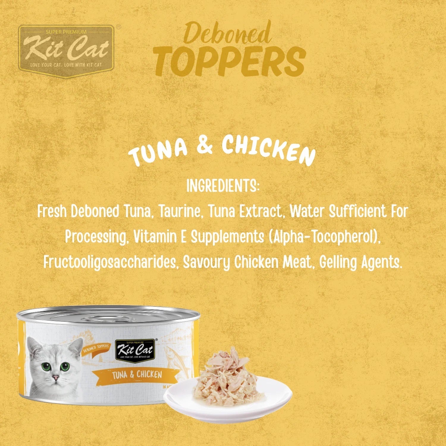 Kit Cat deboned toppers cat food can with bowl of tuna & chicken topping