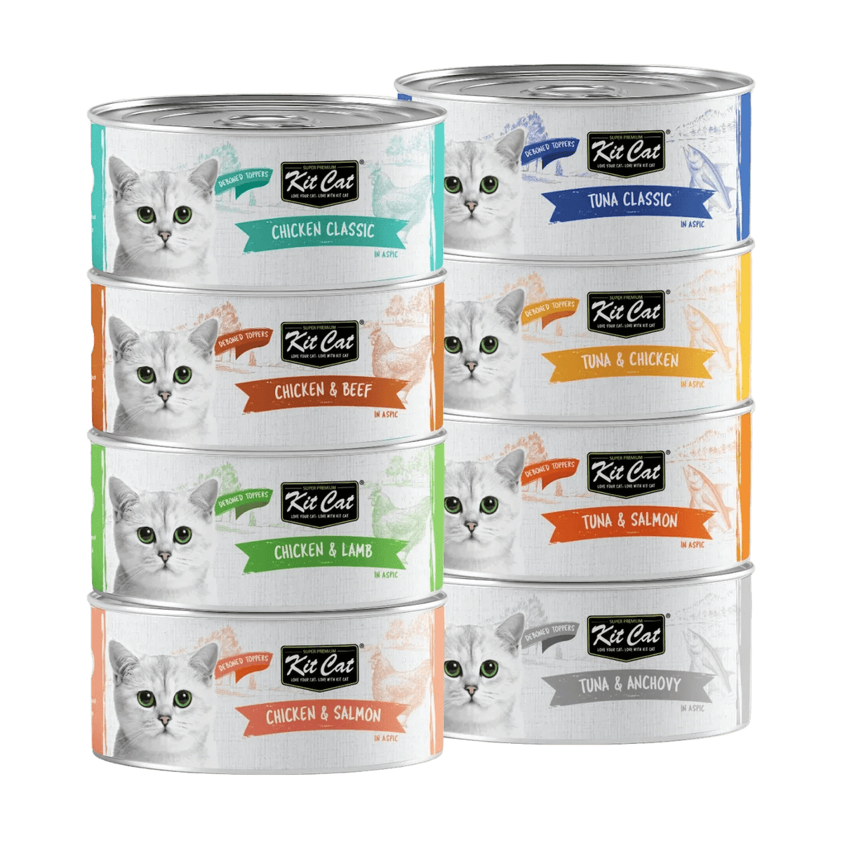 Assorted Kit Cat deboned toppers in aspic cat food cans (multiple flavors)