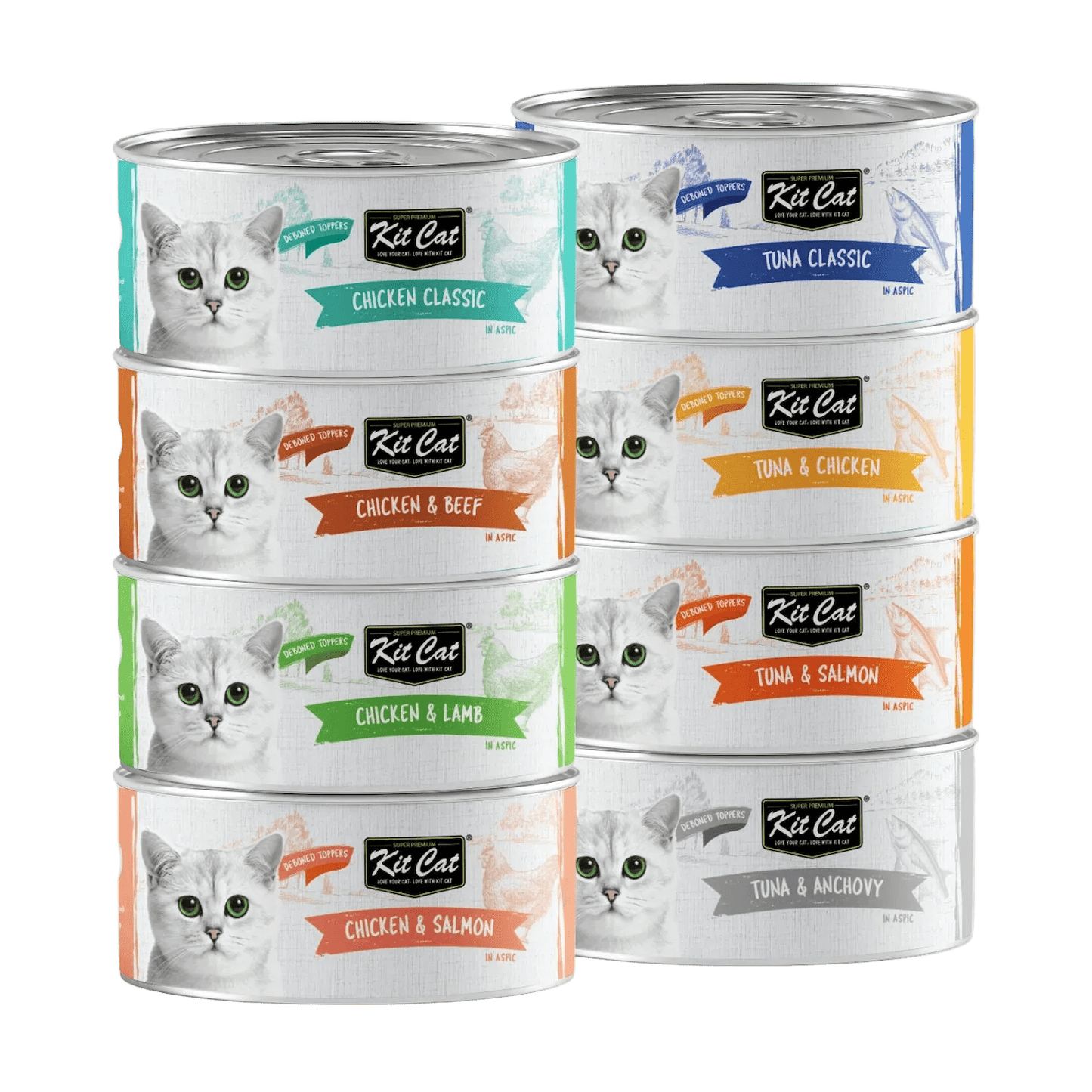 Assorted Kit Cat deboned toppers in aspic cat food cans (multiple flavors)