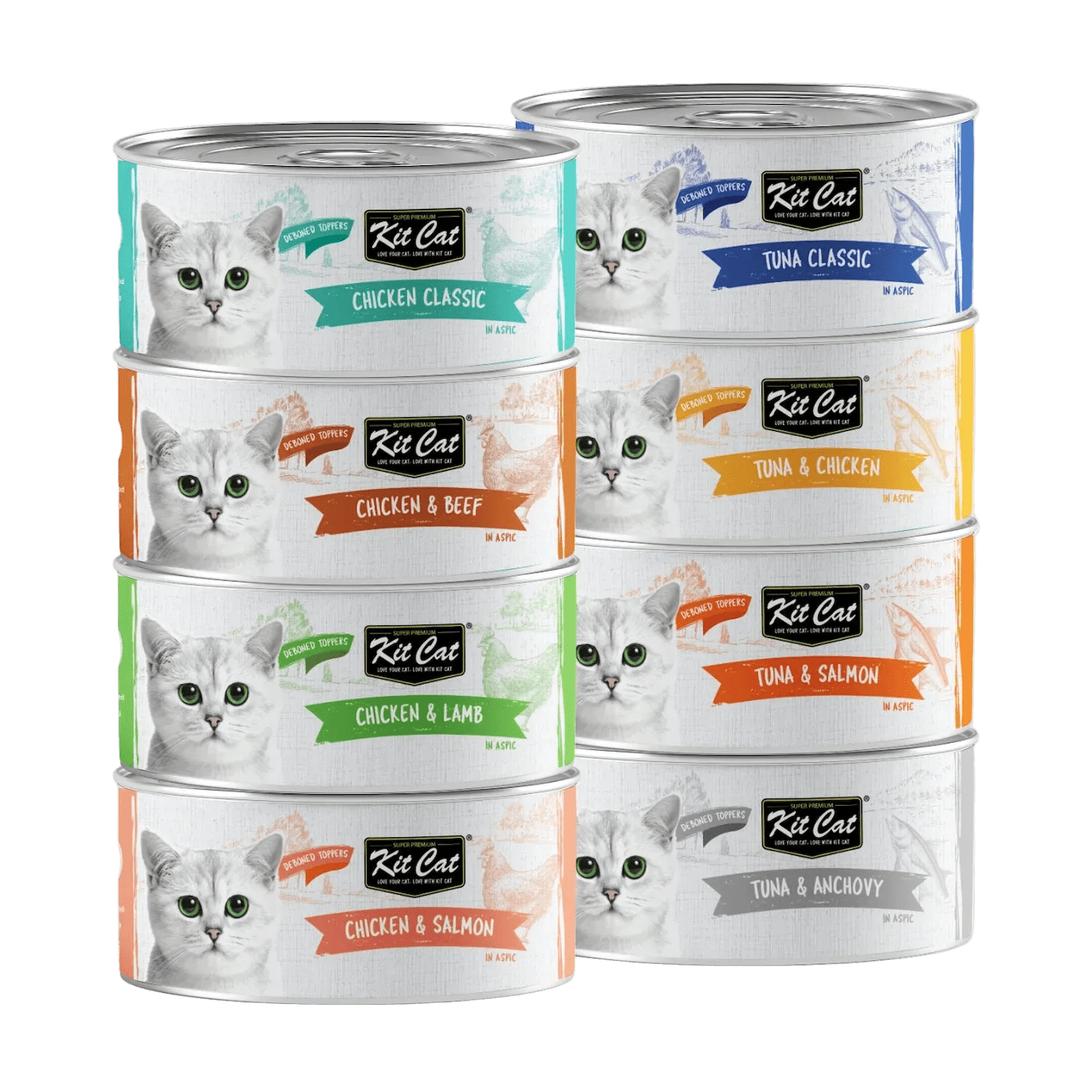 Assorted Kit Cat deboned toppers in aspic cat food cans (multiple flavors)