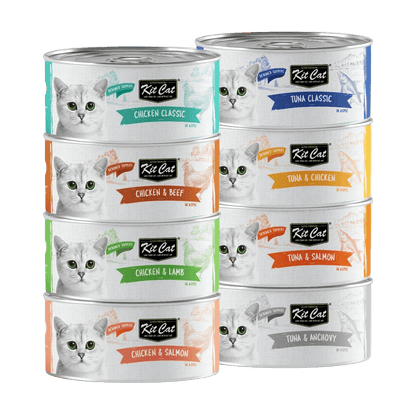 Assorted Kit Cat deboned toppers in aspic cat food cans (multiple flavors)