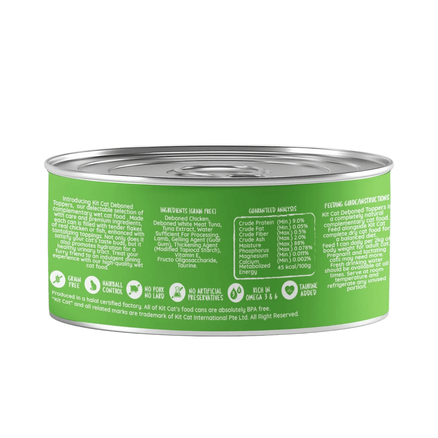 Kit Cat cat food can, chicken & lamb in aspic, green back label with details