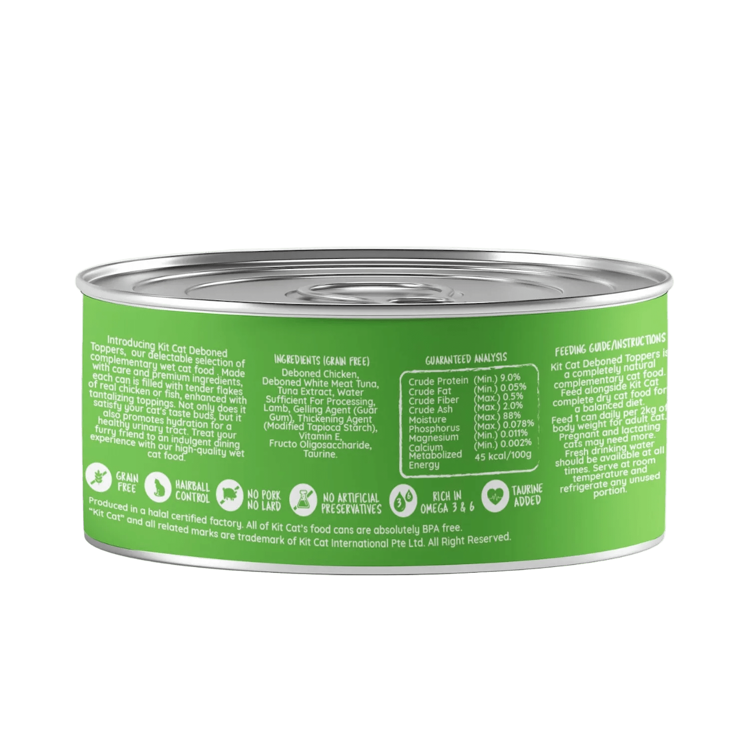 Kit Cat cat food can, chicken & lamb in aspic, green back label with details