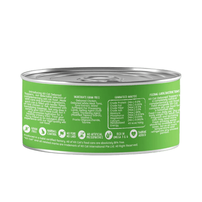 Kit Cat cat food can, chicken & lamb in aspic, green back label with details