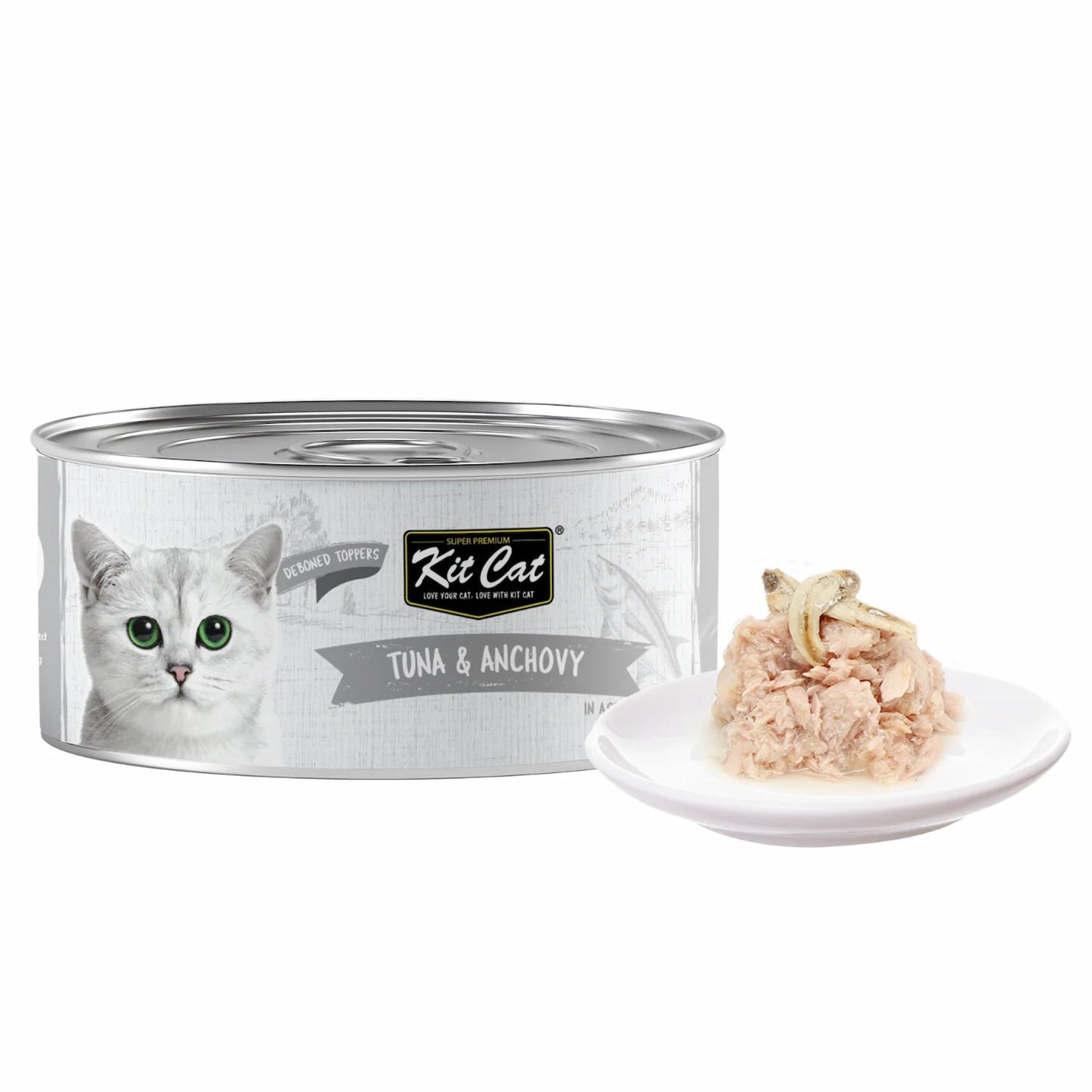 Kit Cat deboned toppers aspic, Tuna & Anchovy can with shredded topping on dish