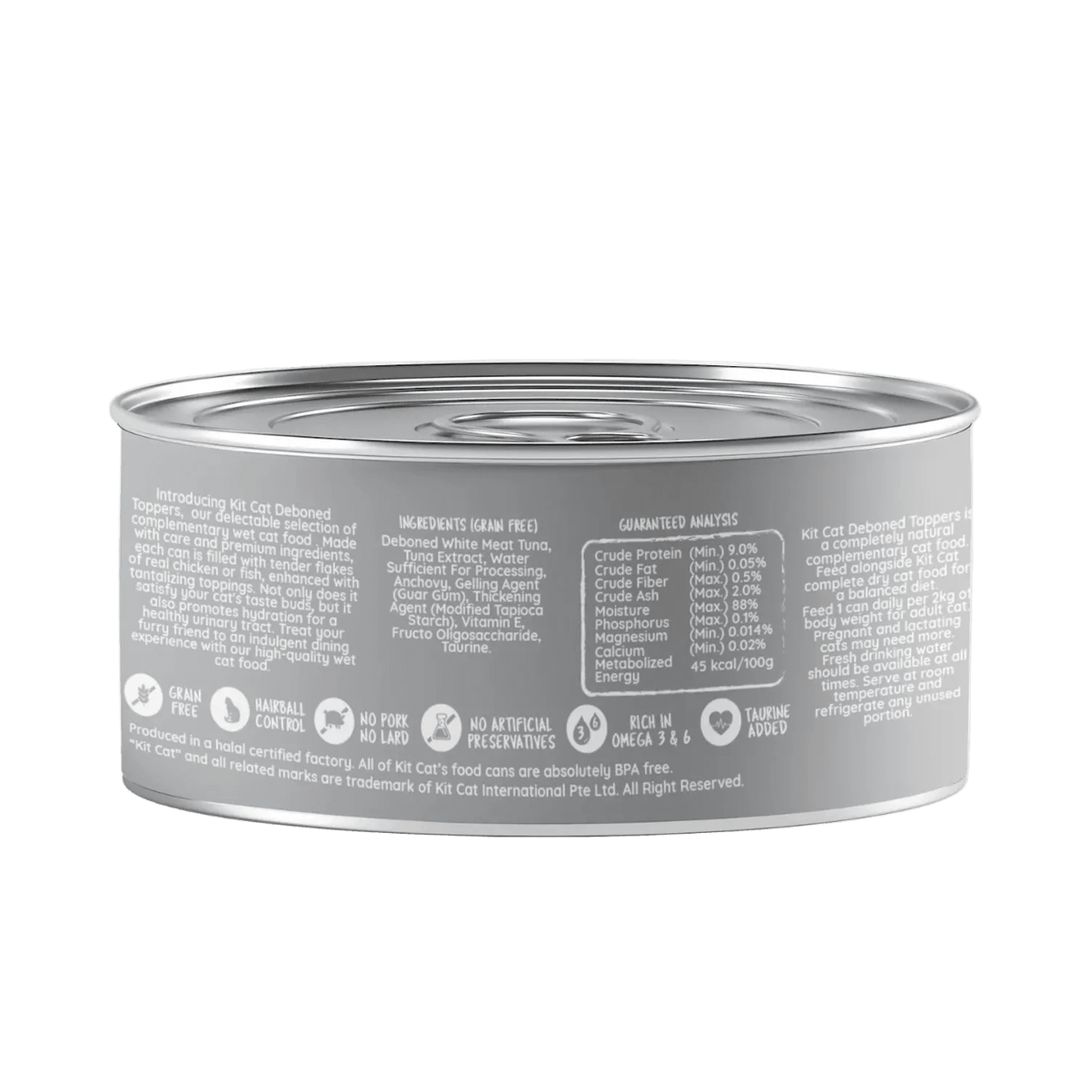 Kit Cat deboned toppers aspic can, nutrition panel back label