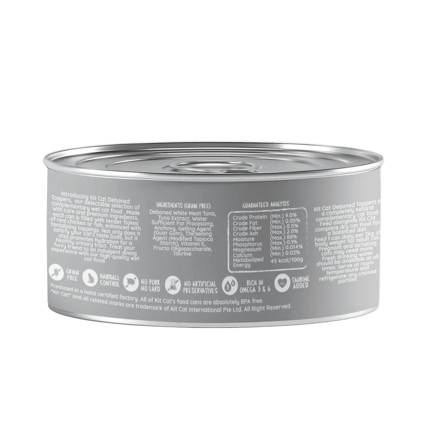Kit Cat deboned toppers aspic can, nutrition panel back label