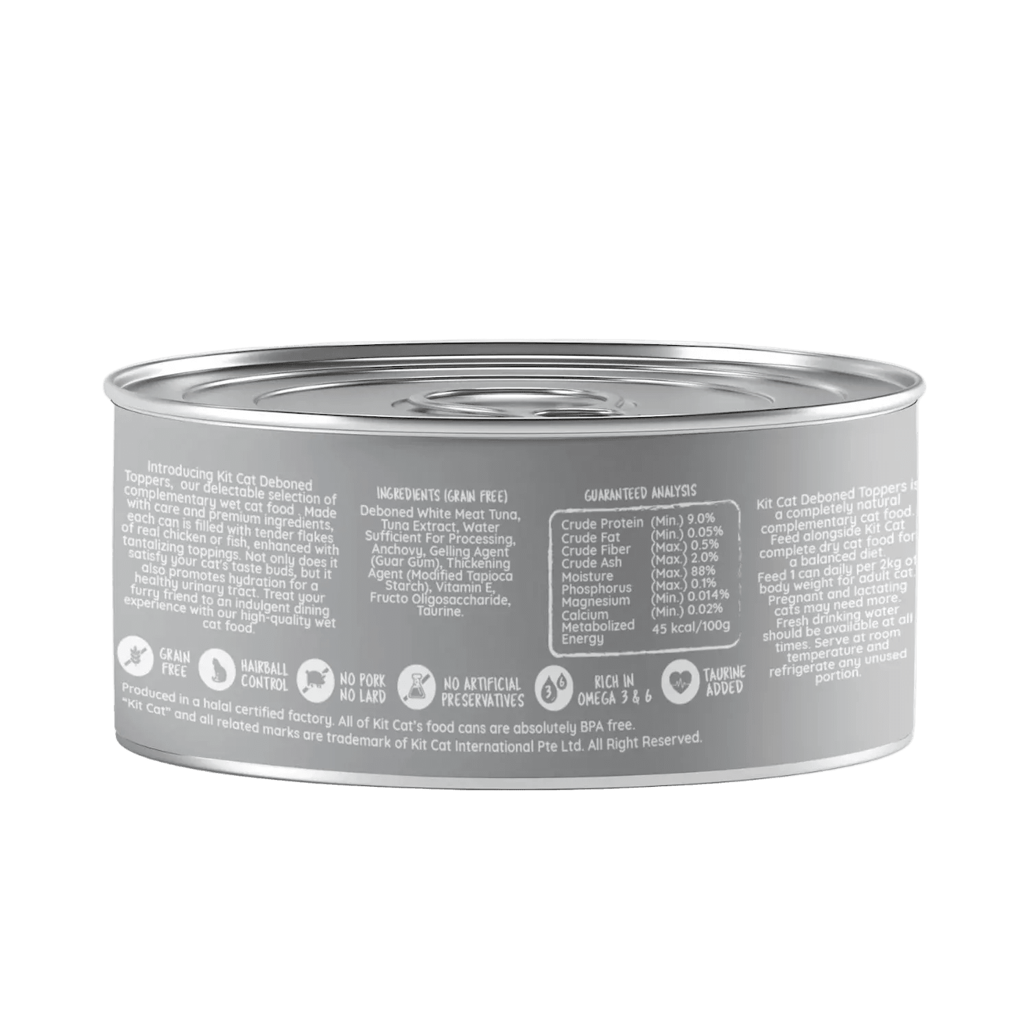 Kit Cat deboned toppers aspic can, nutrition panel back label