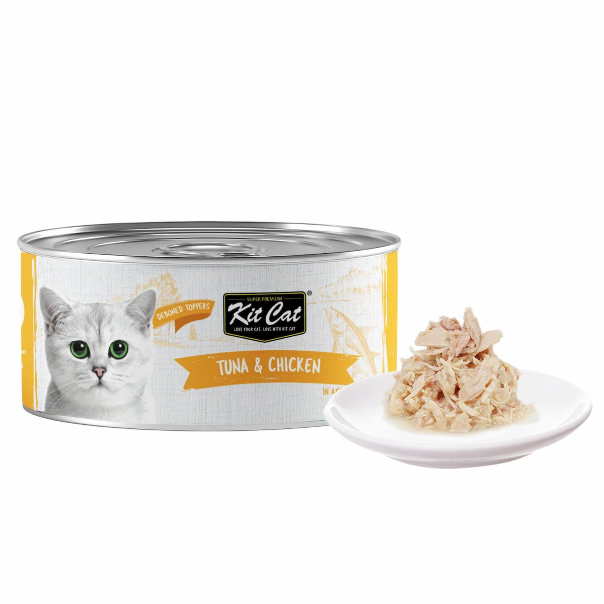 Kit Cat deboned toppers aspic, Tuna & Chicken can with shredded topping on dish