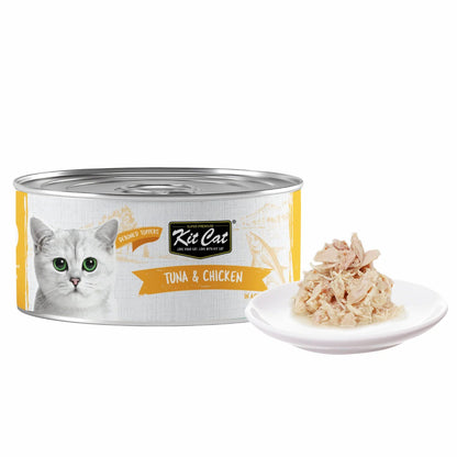 Kit Cat deboned toppers aspic, Tuna & Chicken can with shredded topping on dish