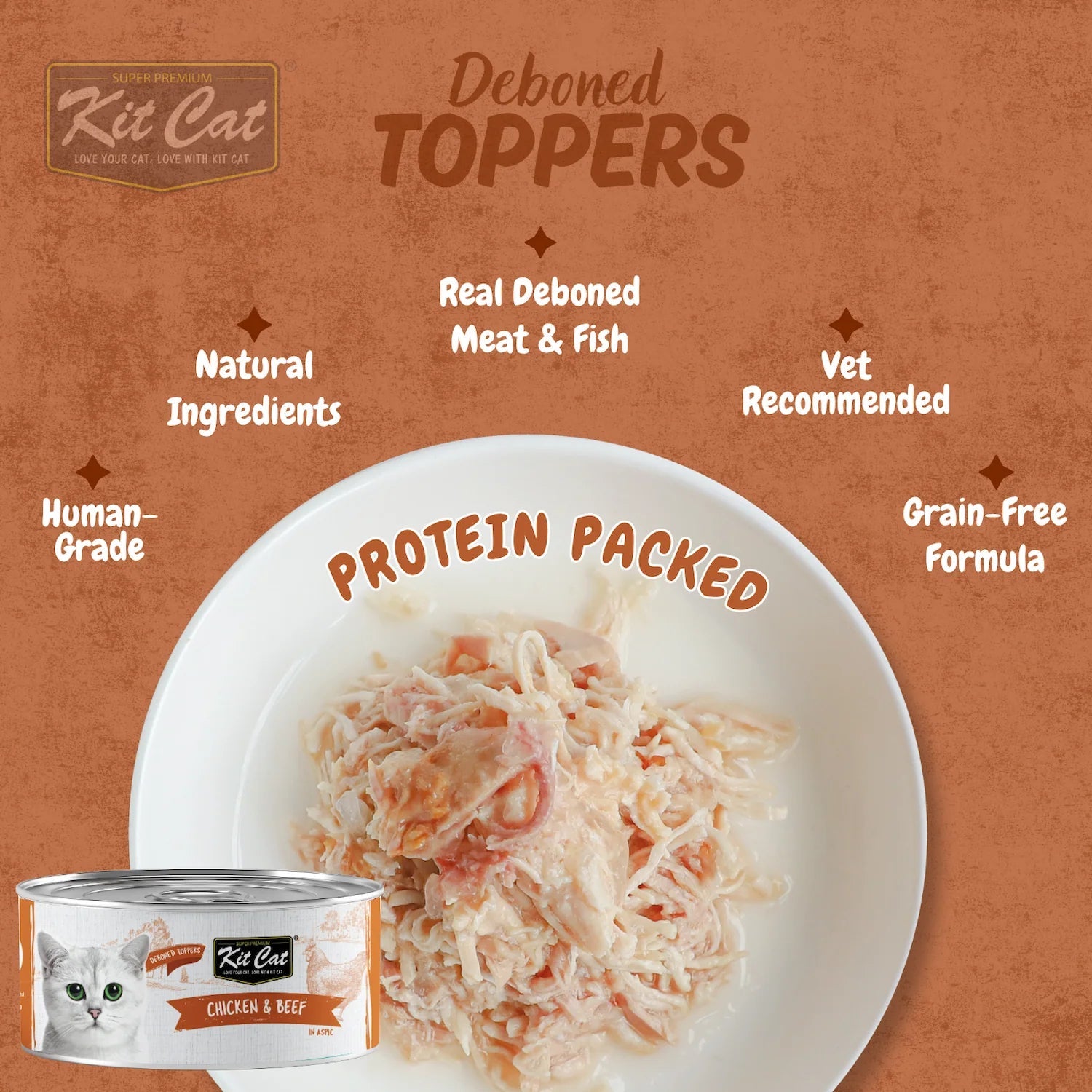 Kit Cat deboned toppers bowl of deboned meat & fish, with cat food can