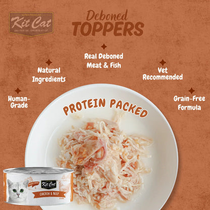 Kit Cat deboned toppers bowl of deboned meat & fish, with cat food can