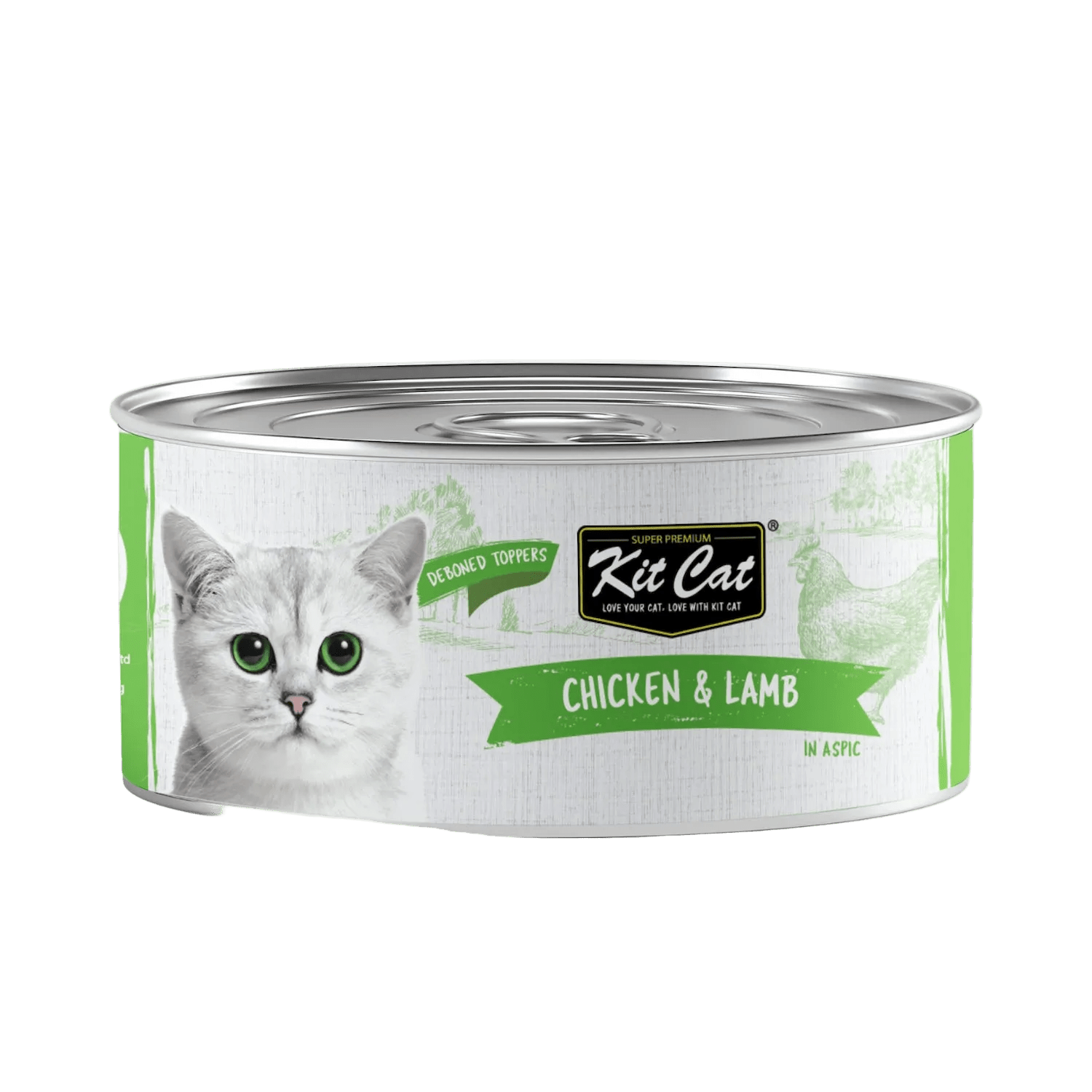 Kit Cat deboned toppers cat food can, chicken & lamb in aspic, silver lid