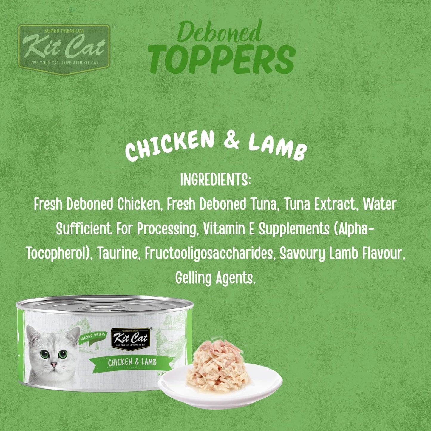 Kit Cat chicken & lamb deboned toppers in aspic cat food can with spoon