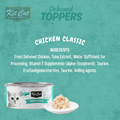 Kit Cat deboned toppers aspic, Chicken Classic promo with can and serving dish