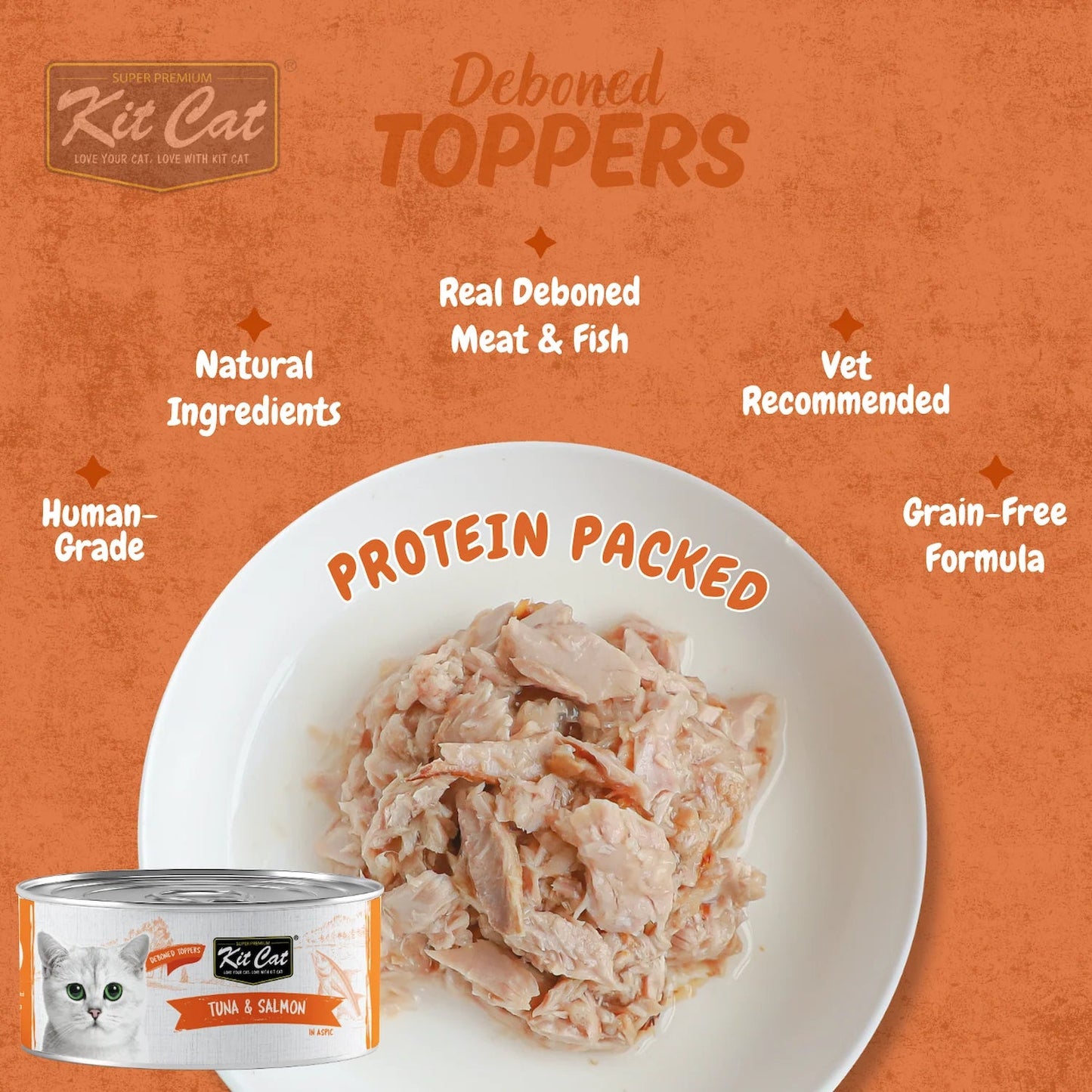Cat food topper can with bowl of shredded tuna and salmon in aspic