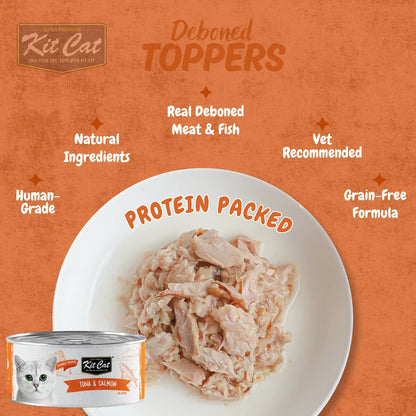 Cat food topper can with bowl of shredded tuna and salmon in aspic