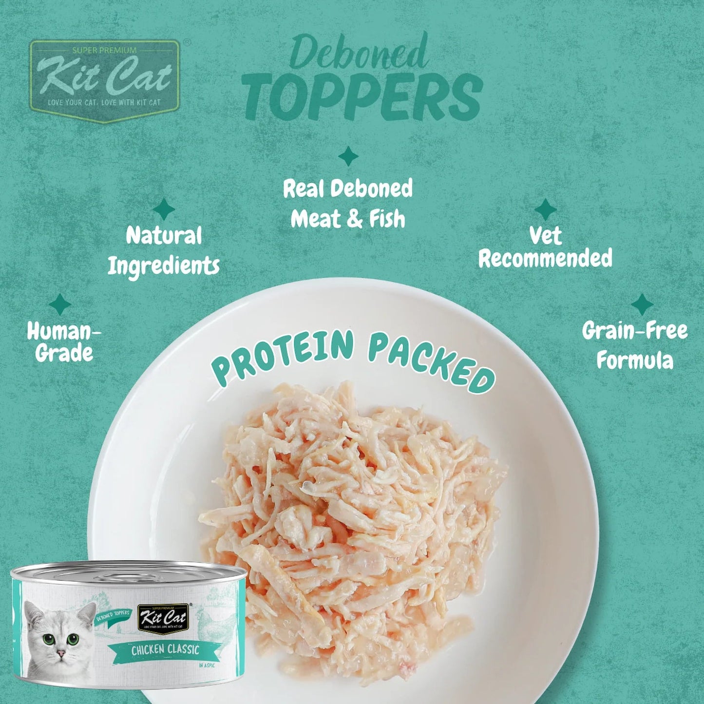 Kit Cat deboned toppers aspic, Chicken Classic shredded topping in bowl with can
