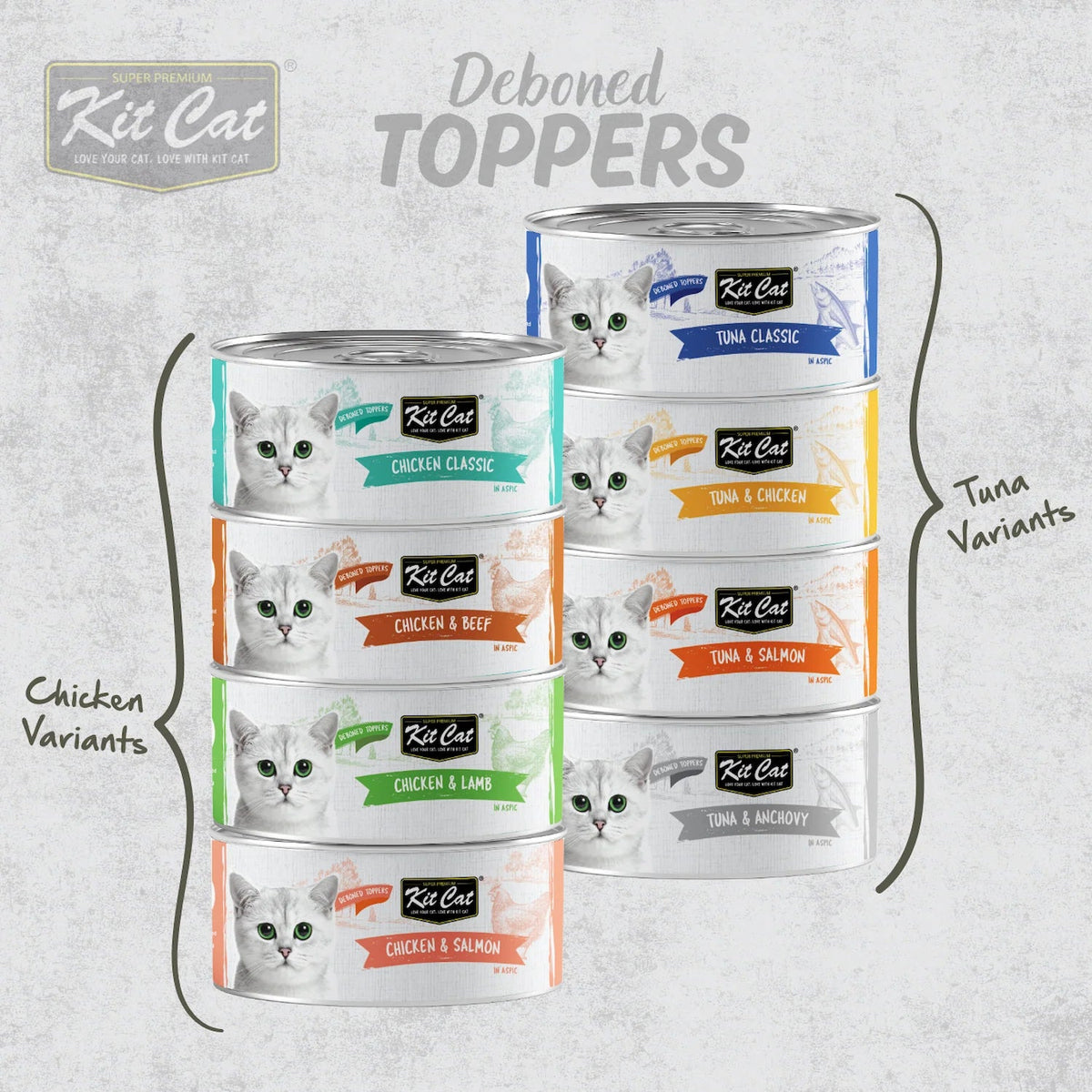 Kit Cat deboned toppers in aspic cat food variety pack of stacked cans