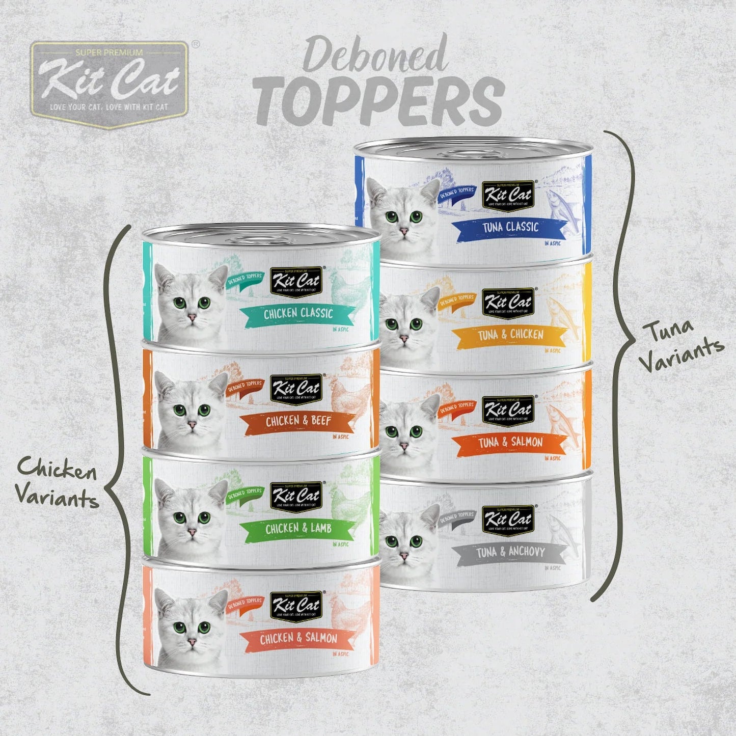 Kit Cat deboned toppers in aspic cat food variety pack of stacked cans