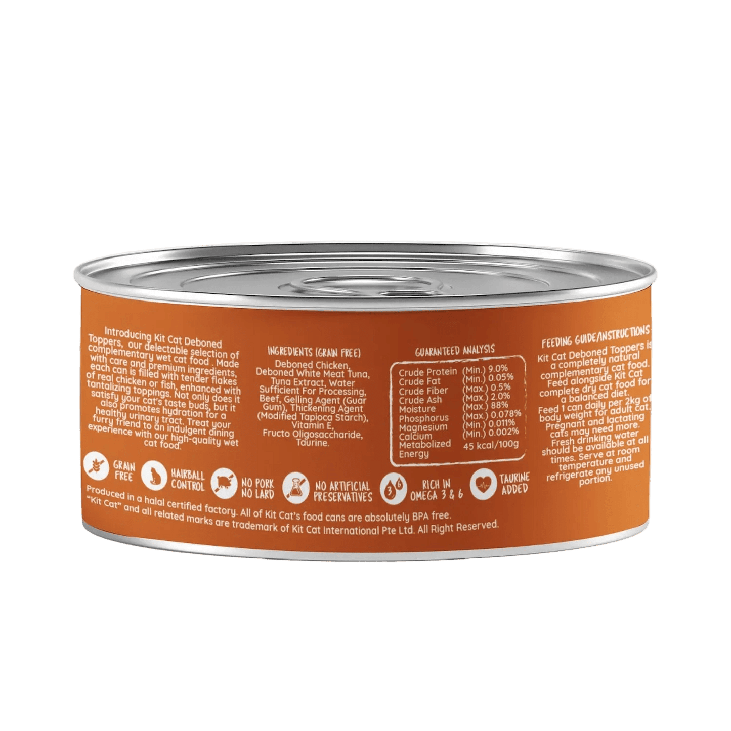 Kit Cat deboned toppers in aspic cat food can, back label view